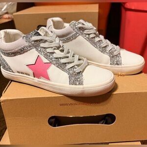 What Love 💕 is White Sneakers with Pink Star and Silver Glitter